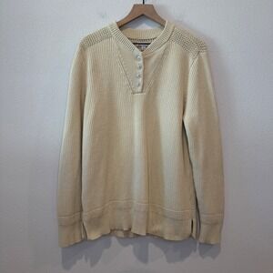 LL BEAN SIGNATURE Mens 100% Cotton Sweater XL Cream Henley Shaker Knit Pullover